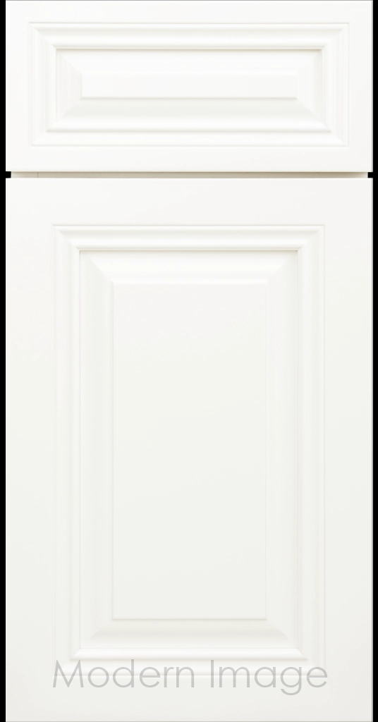 Dove white Cambridge cabinet door with a mitered frame and raised center panel.
